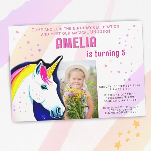 Cute Unicorn Magical Girl Photo Birthday  Invitation