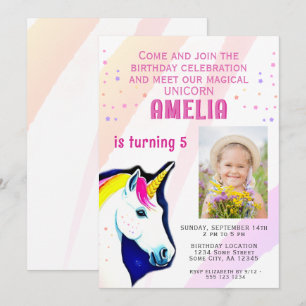 Cute Unicorn Magical Girl Photo Birthday Invitation