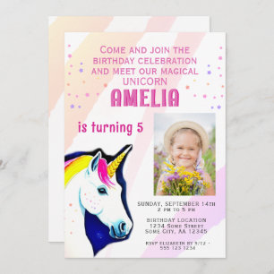 Cute Unicorn Magical Girl Photo Birthday Invitation