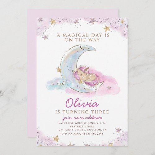 cute Unicorn Magical Pastel moon and star Birthday Invitation