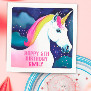 Cute Unicorn Magical Star Girl Happy Birthday Napkins