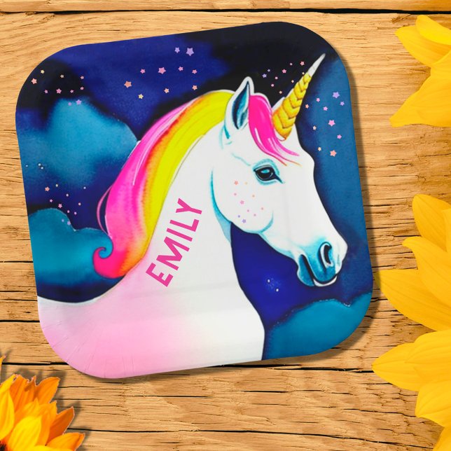 Cute Unicorn Magical Star Girl Name Birthday  Paper Plates (Creator Uploaded)