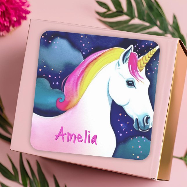 Cute Unicorn Magical Stars Drawing Girl Name Square Sticker (Creator Uploaded)
