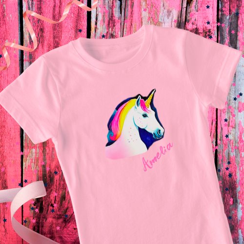 Cute Unicorn Magical Stars Drawing Name Girly  T_Shirt