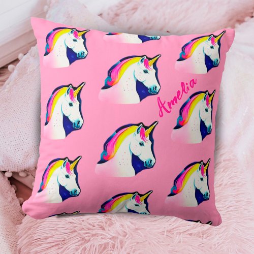 Cute Unicorn Magical Stars Drawing Name Girly Throw Pillow