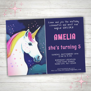 Cute Unicorn Magical Stars Girl Birthday Invitation