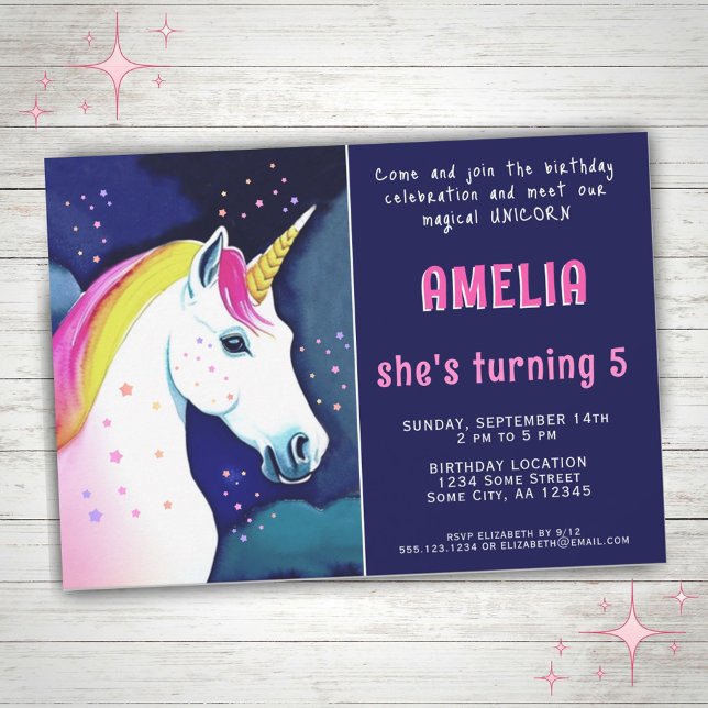 Cute Unicorn Magical Stars Girl Birthday Invitation (Creator Uploaded)