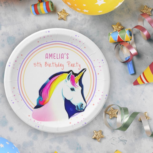 Cute Unicorn Magical Stars Girl Birthday Paper Plates (Creator Uploaded)