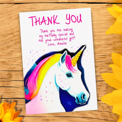 Cute Unicorn Magical Stars Girl Birthday  Thank You Card