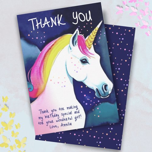 Cute Unicorn Magical Stars Girl Birthday  Thank You Card