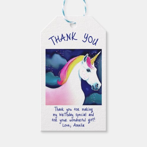 Cute Unicorn Magical Stars Girl Birthday Thank you Gift Tags