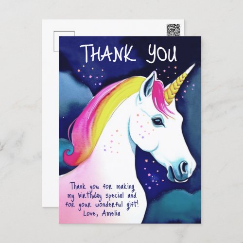 Cute Unicorn Magical Stars Girl Birthday Thank you Postcard