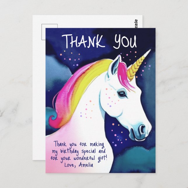 Cute Unicorn Magical Stars Girl Birthday Thank you Postcard (Front/Back)