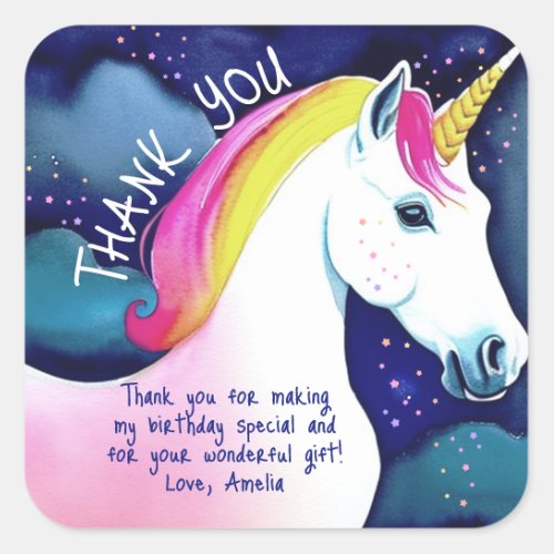 Cute Unicorn Magical Stars Girl Birthday Thank you Square Sticker