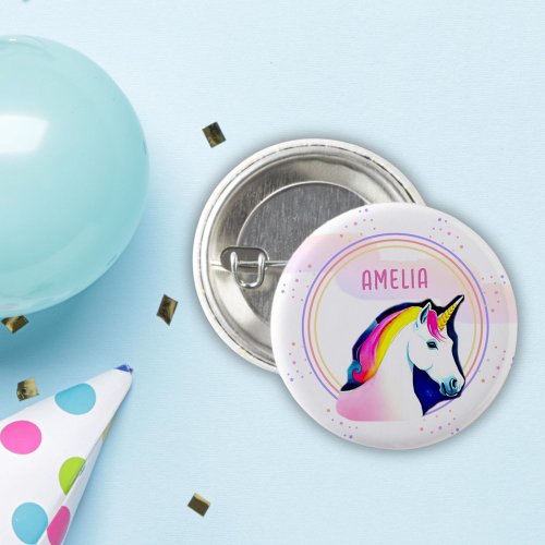 Cute Unicorn Magical Stars Girl Name Birthday  Button