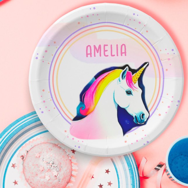 Cute Unicorn Magical Stars Girl Name Birthday  Paper Plates (Creator Uploaded)
