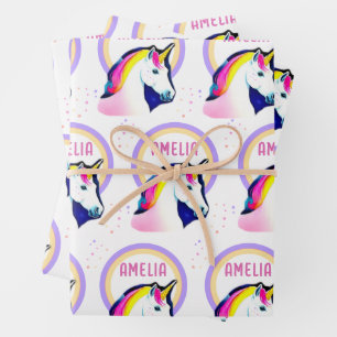 Cute Unicorn Magical Stars Girl Name Birthday Wrapping Paper Sheets