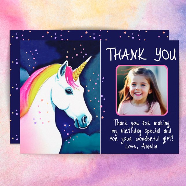 Cute Unicorn Magical Stars Girl Photo Birthday Thank You Card (Creator Uploaded)