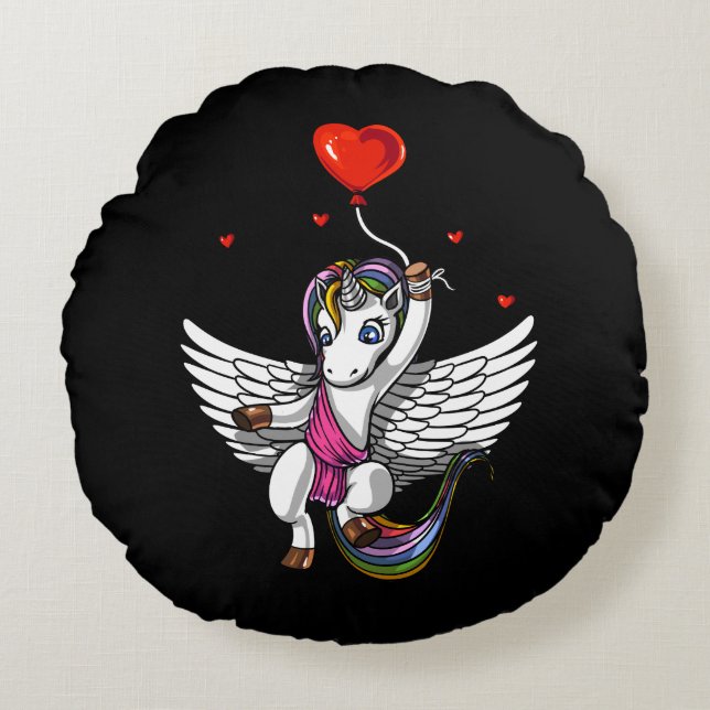 Cute Unicorn Magical Valentines Love Heart Balloon Round Pillow (Front)