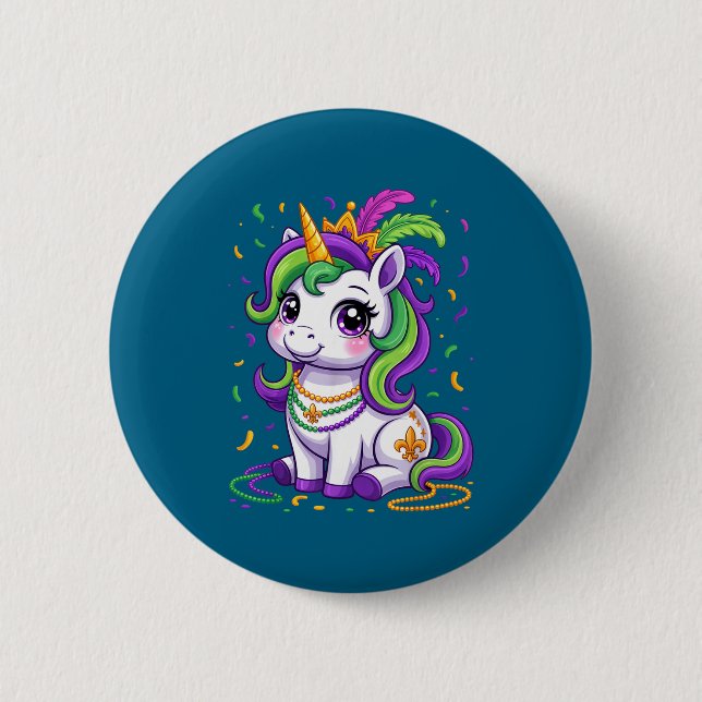 Cute Unicorn Mardi Gras Carnival Fat Tuesday Girls Button (Front)