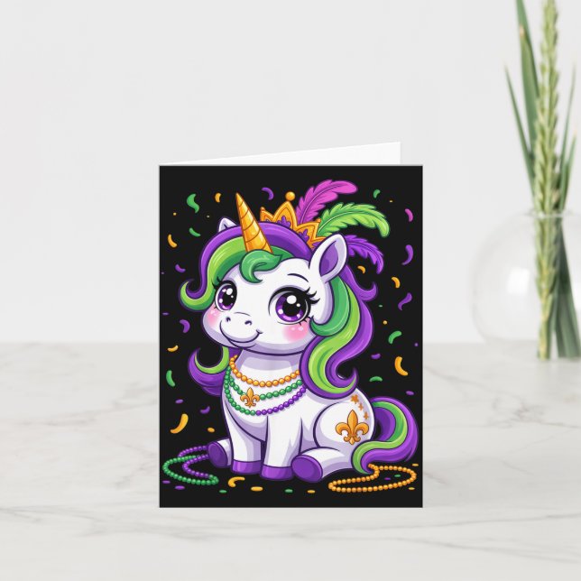 Cute Unicorn Mardi Gras Carnival Fat Tuesday Girls Card (Front)