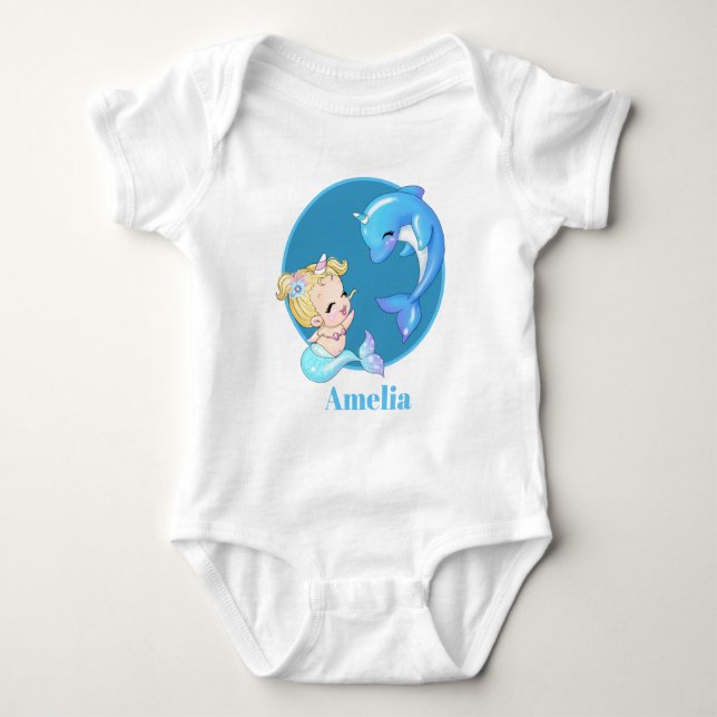 Cute unicorn mermaid add name dolphin baby girl baby bodysuit (Front)