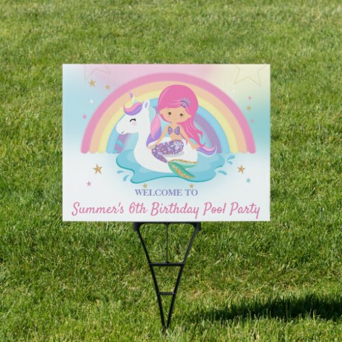 Cute Unicorn Mermaid Pool Birthday Party Welcome Sign