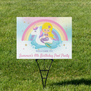 Cute Unicorn Mermaid Pool Birthday Party Welcome Sign