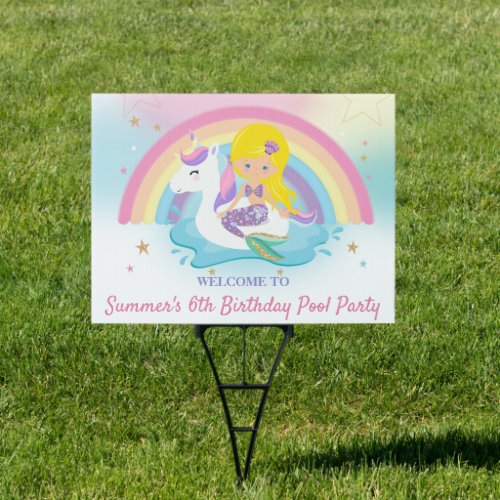 Cute Unicorn Mermaid Pool Birthday Party Welcome   Sign