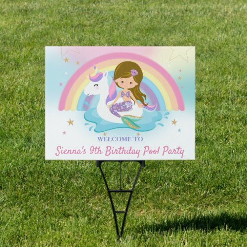 Cute Unicorn Mermaid Pool Birthday Party Welcome  Sign