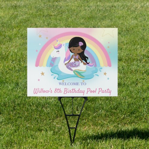 Cute Unicorn Mermaid Pool Birthday Party Welcome Sign