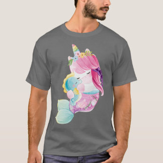 cute unicorn mermaid with a seahorse sticker T-Shirt