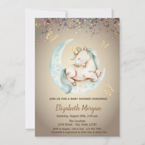 Cute Unicorn Moon Butterfly Confetti Baby Shower  Invitation