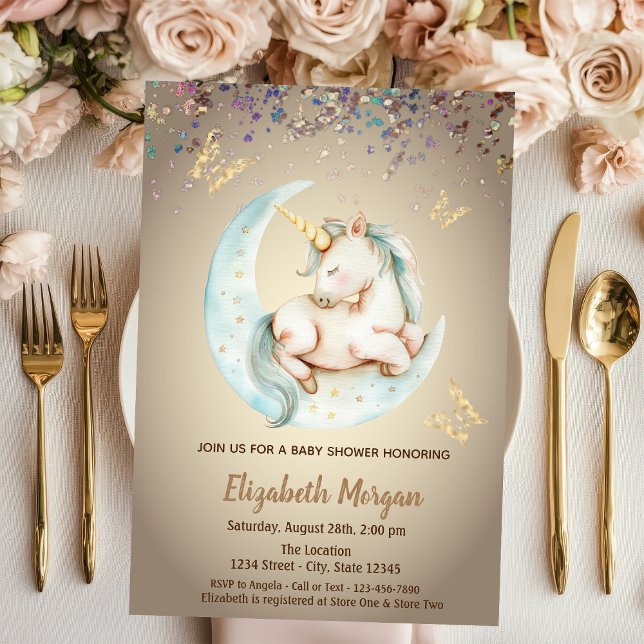 Cute Unicorn Moon Butterfly Confetti Baby Shower  Invitation (Creator Uploaded)