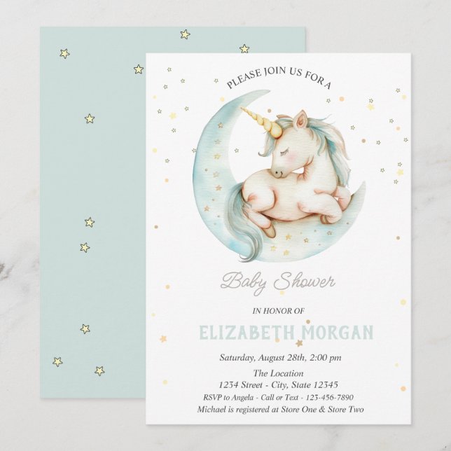 Cute Unicorn Moon Stars Baby Shower  Invitation (Front/Back)