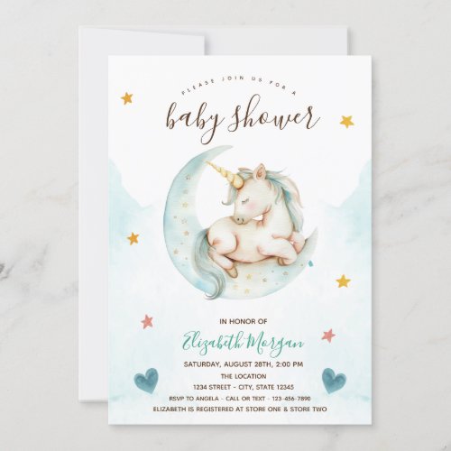 Cute Unicorn Moon Stars Hearts Baby Shower   Invitation