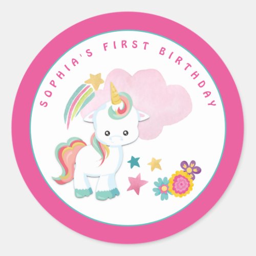 Cute Unicorn Name First Birthday Party Classic Round Sticker