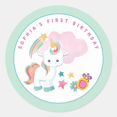 Cute Unicorn Name First Birthday Party Pale Green Classic Round Sticker