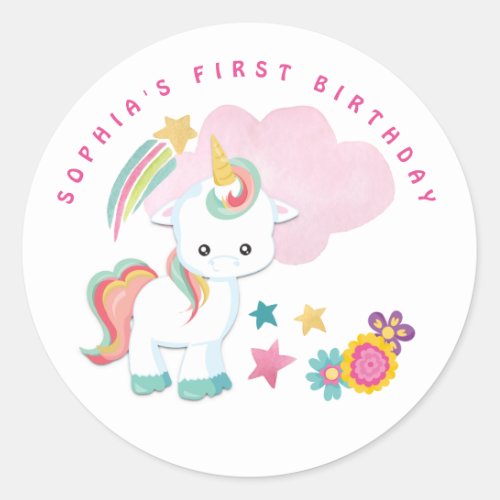Cute Unicorn Name First Birthday Party White Classic Round Sticker