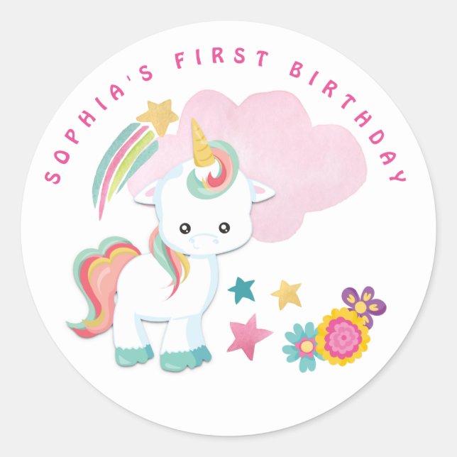 Cute Unicorn Name First Birthday Party White Classic Round Sticker (Front)