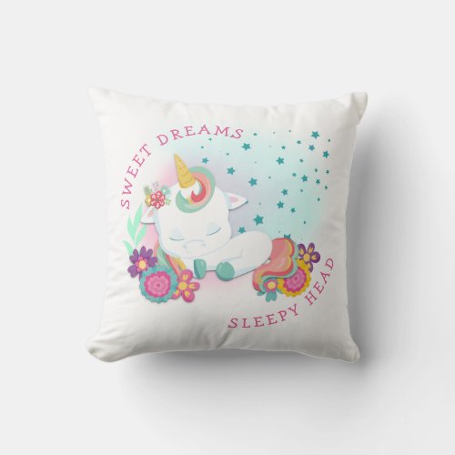 Cute Unicorn Name Sweet Dreams Sleepy Head Girl Throw Pillow