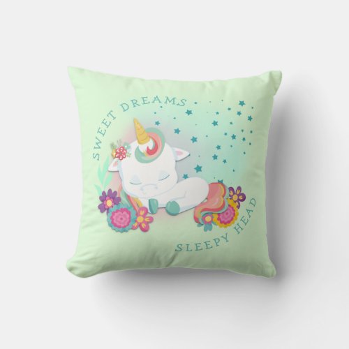 Cute Unicorn Name Sweet Dreams Sleepy Head Green Throw Pillow
