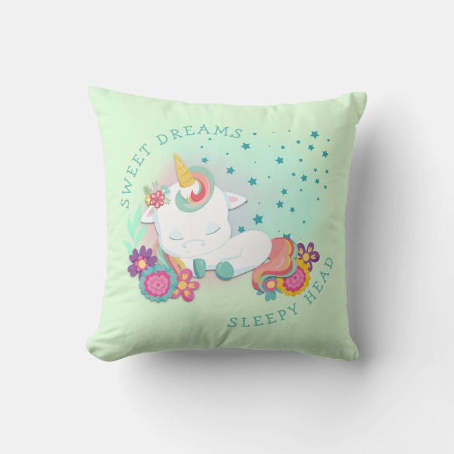 Cute Unicorn Name Sweet Dreams Sleepy Head Green Throw Pillow (Front)