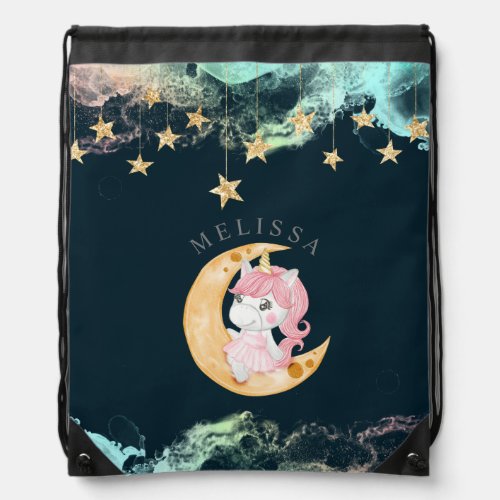 cute unicorn night sky Monogram Drawstring Bag