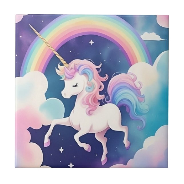 Cute Unicorn Night Sky Rainbow Ceramic Tile (Front)