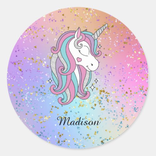 Cute Unicorn Ombre Rainbow Glitter Sparkle Classic Round Sticker