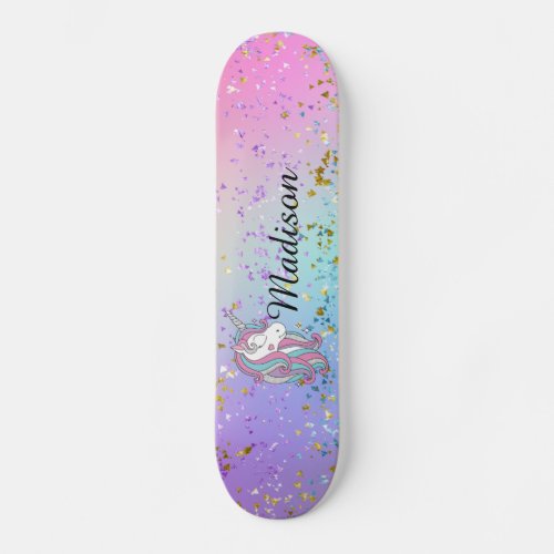 Cute Unicorn Ombre Rainbow Glitter Sparkle Skateboard