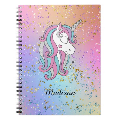 Cute Unicorn Ombre Rainbow Glitter Sparkle Spiral Notebook