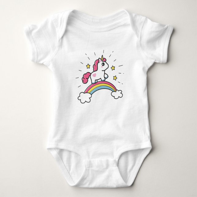 Cute Unicorn On A Rainbow Design Baby Bodysuit (Front)