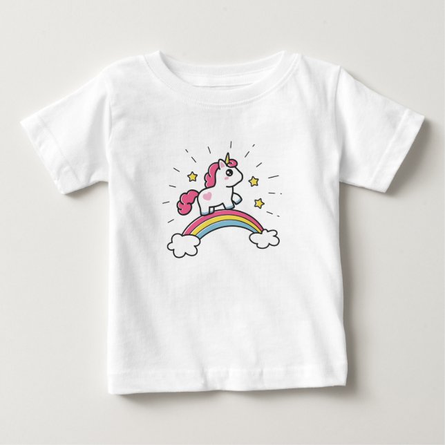 Cute Unicorn On A Rainbow Design Baby T-Shirt (Front)